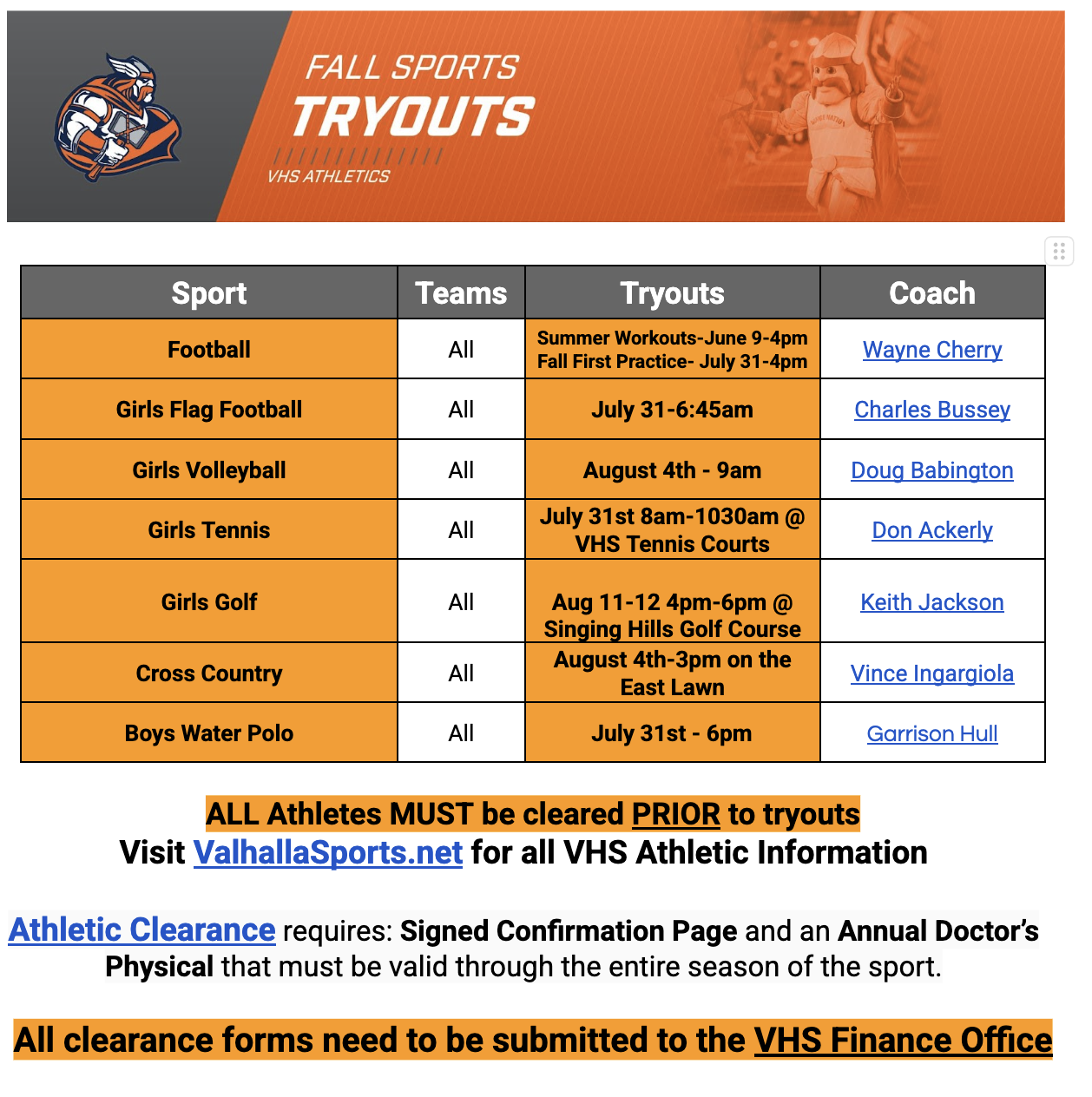 Fall Sports Tryouts & First Practice Dates