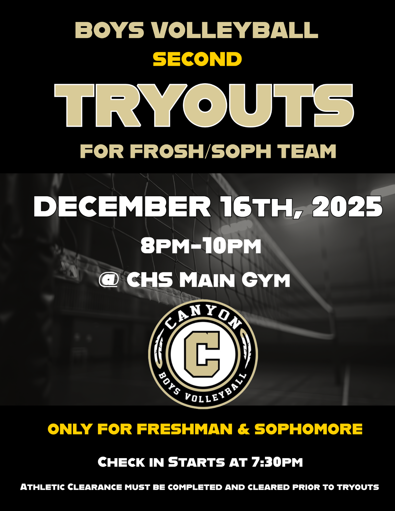 Boys Volleyball 2nd Tryouts for Frosh/Soph Team December 16th