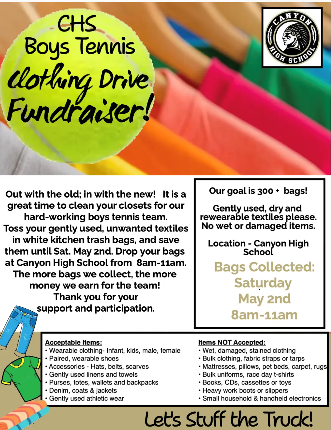 Boys Tennis Clothing Drive May 2nd