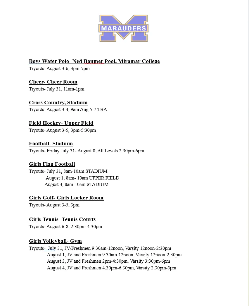 FALL TRYOUT SCHEDULE