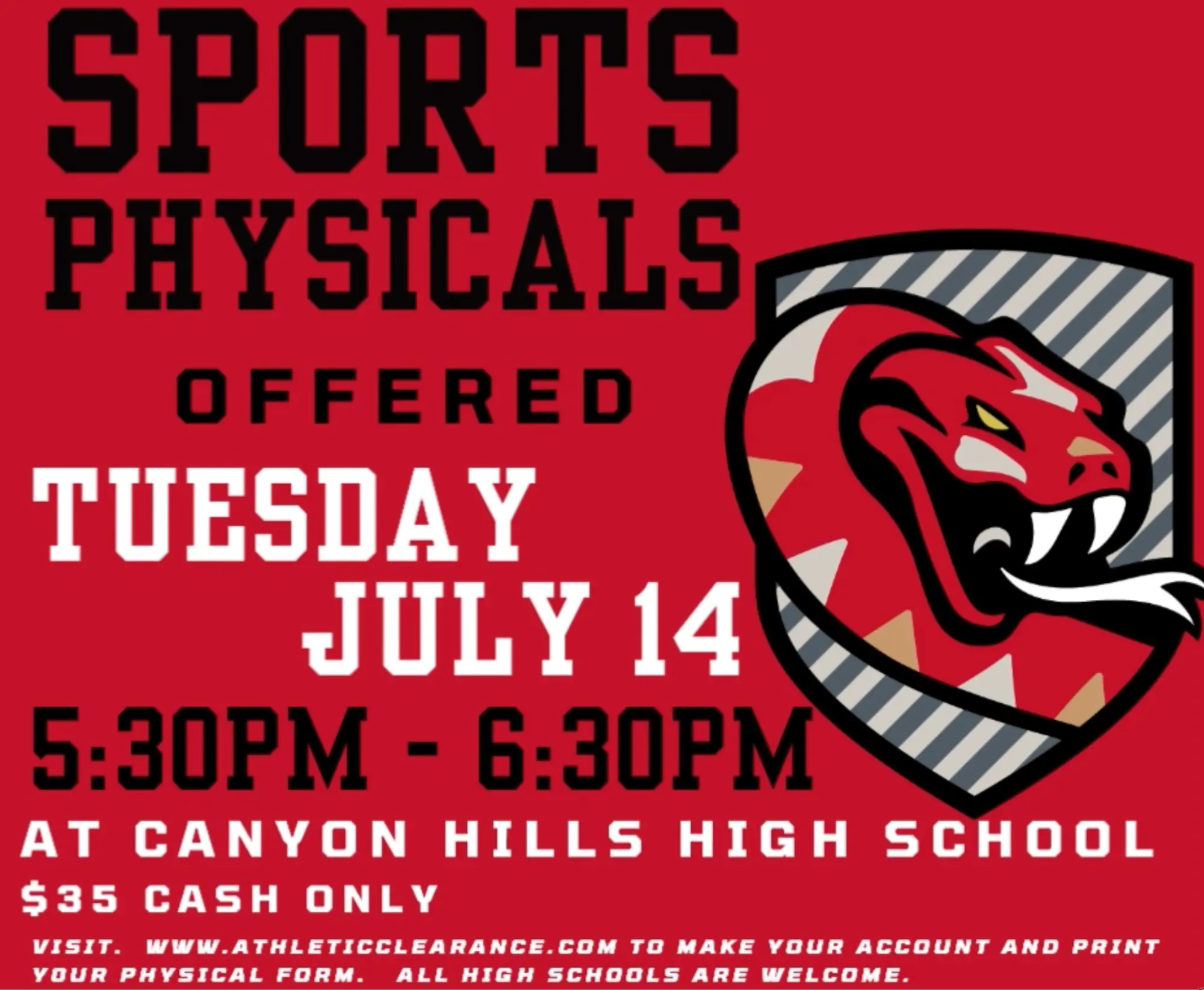 Sports Physicals July 14 5:30pm. $35 cash only.