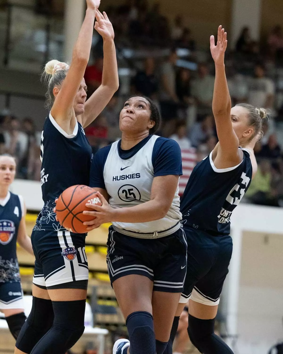UConn women's basketball redshirt freshman Ice Brady during the Huskies' 113-37 win over the Croatian All-Stars in Zagreb, Croatia.  Photo courtesy of Neil Patel/UConn Athletics