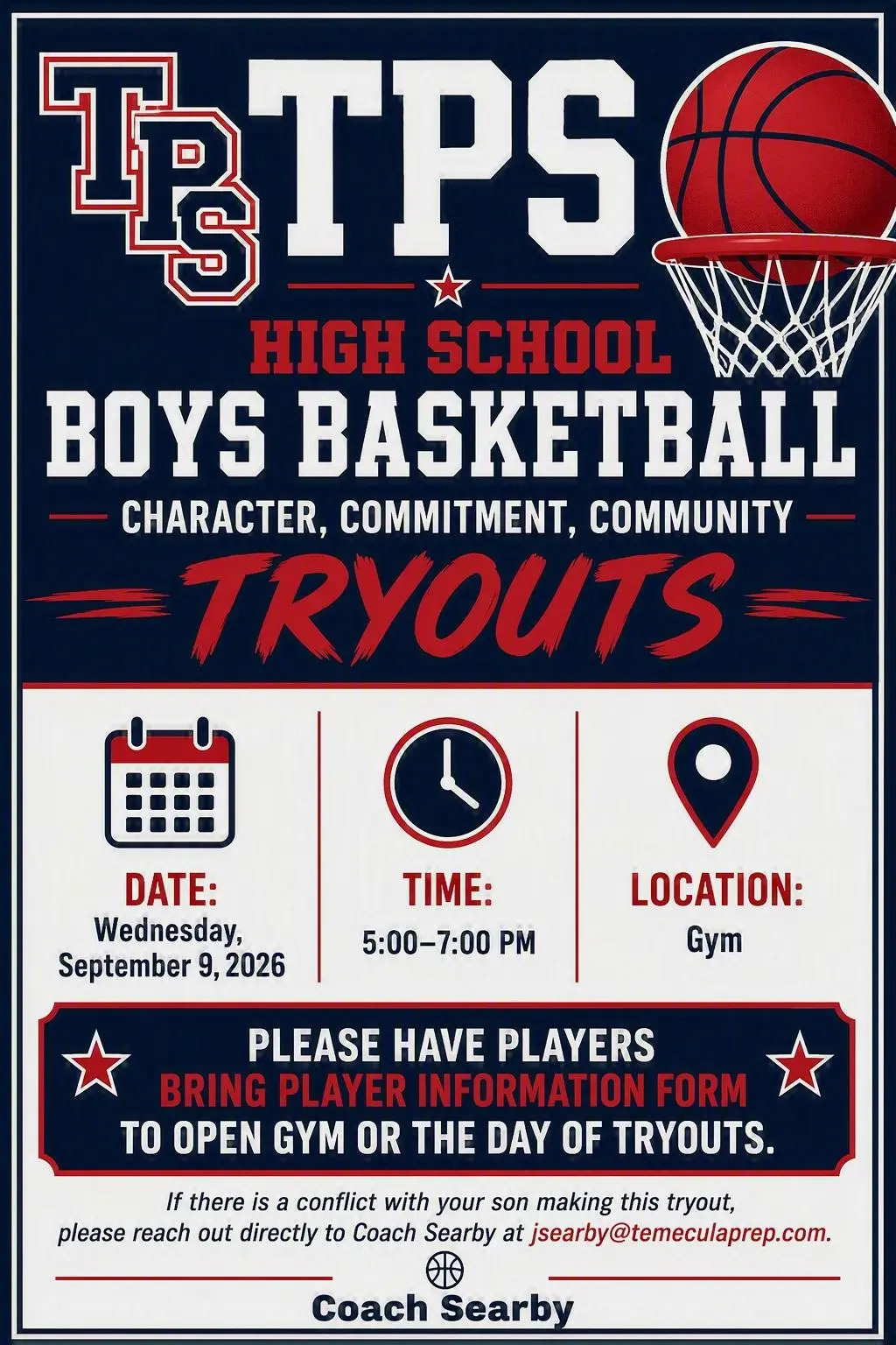 Boys Basketball Tryouts – 9/9  5:00-7:00
